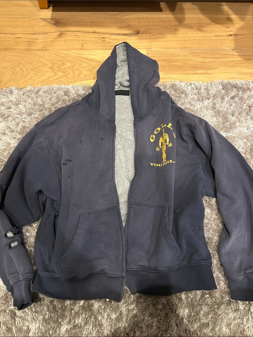 YoungLA Navy and Gray Hooded Zip-Up Jacket with Yellow Logo